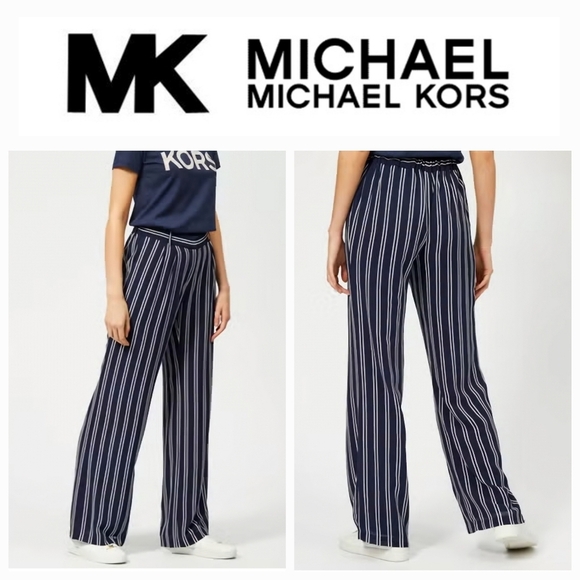 NWT Michael Kors Navy Blue White Stripe Wide Leg Pants with Belt Medium - Picture 3 of 11